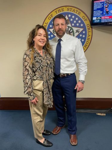 Elisa Seeger visits with Sen. Markwayne Mullin, R-Oklahoma, during a trip to Capitol Hill in March as part of her effort to lobby for additional funding for newborn screenings.(Elisa Seeger)
