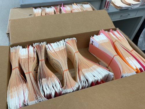 Newborn screening cards wait for processing inside the Texas Department of State Health Services laboratory in Austin.(Joce Sterman, InvestigateTV)
