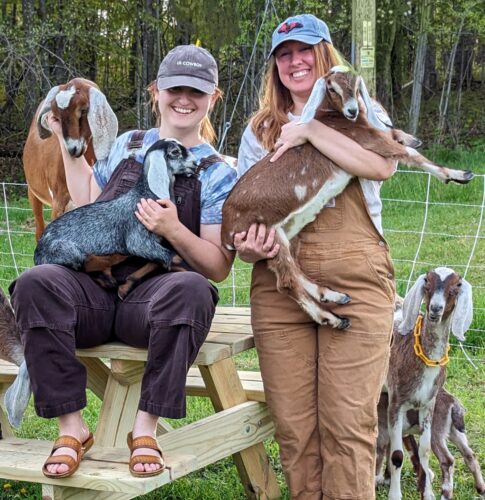 Grace (left) and Danielle (right) Perkowitz surrounded by some of their 19 goats on their BigGoat Farm in Houghton, Michigan. The couple said they rely on their local community of farmers instead of the farm bureau. They are not members of the Michigan Farm Bureau. photo provided by Grace and Danielle Perkowitz