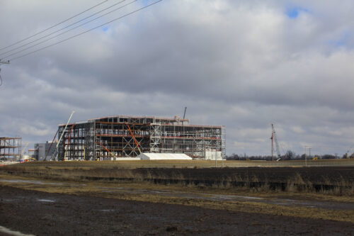 A building under construction at the LEAP site in Boone County on Feb. 1, 2025. (Max Reich/Arnolt Center for Investigative Journalism)
