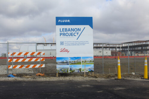 A sign advertises the "Lebanon Project" in front of ongoing construction at the LEAP District in Boone County on Feb. 1, 2025. (Max Reich/Arnolt Center for Investigative Journalism)