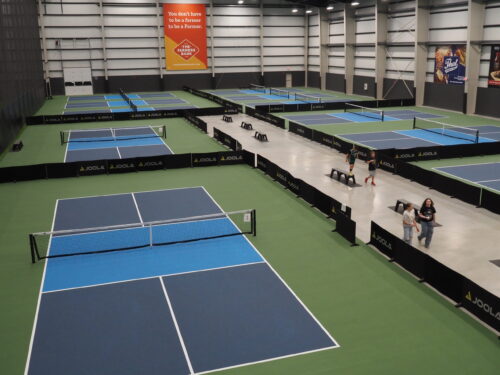 Courts at Lebanon’s sports complex can shift to accommodate both tennis and pickleball matches. (Niki Kelly/Indiana Capital Chronicle)