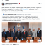 A screenshot of a post from Rep. Jim Baird’s X handle from his 2023 trip to Israel. Baird (second from right) pictured with Israeli Prime Minister Benjamin Netanyahu and other delegates on the trip.
