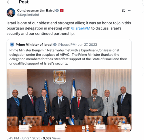 A screenshot of a post from Rep. Jim Baird’s X handle from his 2023 trip to Israel. Baird (second from right) pictured with Israeli Prime Minister Benjamin Netanyahu and other delegates on the trip.