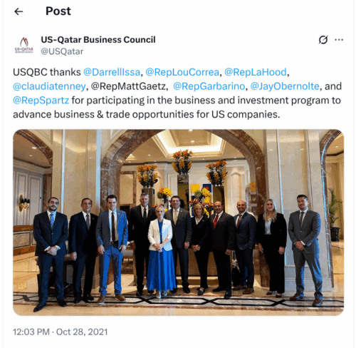 A screenshot of Rep. Victoria Spartz in a picture (middle) posted by the US-Qatar Business Council’s X handle in October 2021.