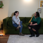 Alisha Ladyga (L) explains to WTHR’s Cierra Putman why it is important to have people in recovery help decide how to spend the funds.