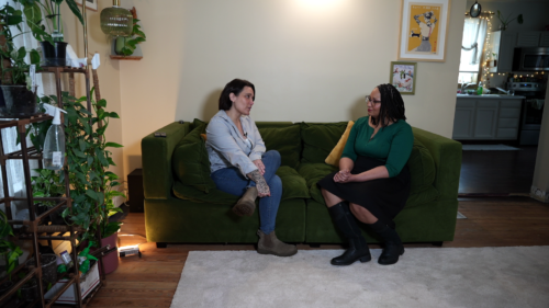 Alisha Ladyga (L) explains to WTHR’s Cierra Putman why it is important to have people in recovery help decide how to spend the funds.
