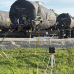 A tanker damaged in an August derailment in Reeseville, Wisconsin, sits lined up with other rail cars just down the road from the accident site.(Joce Sterman, InvestigateTV)